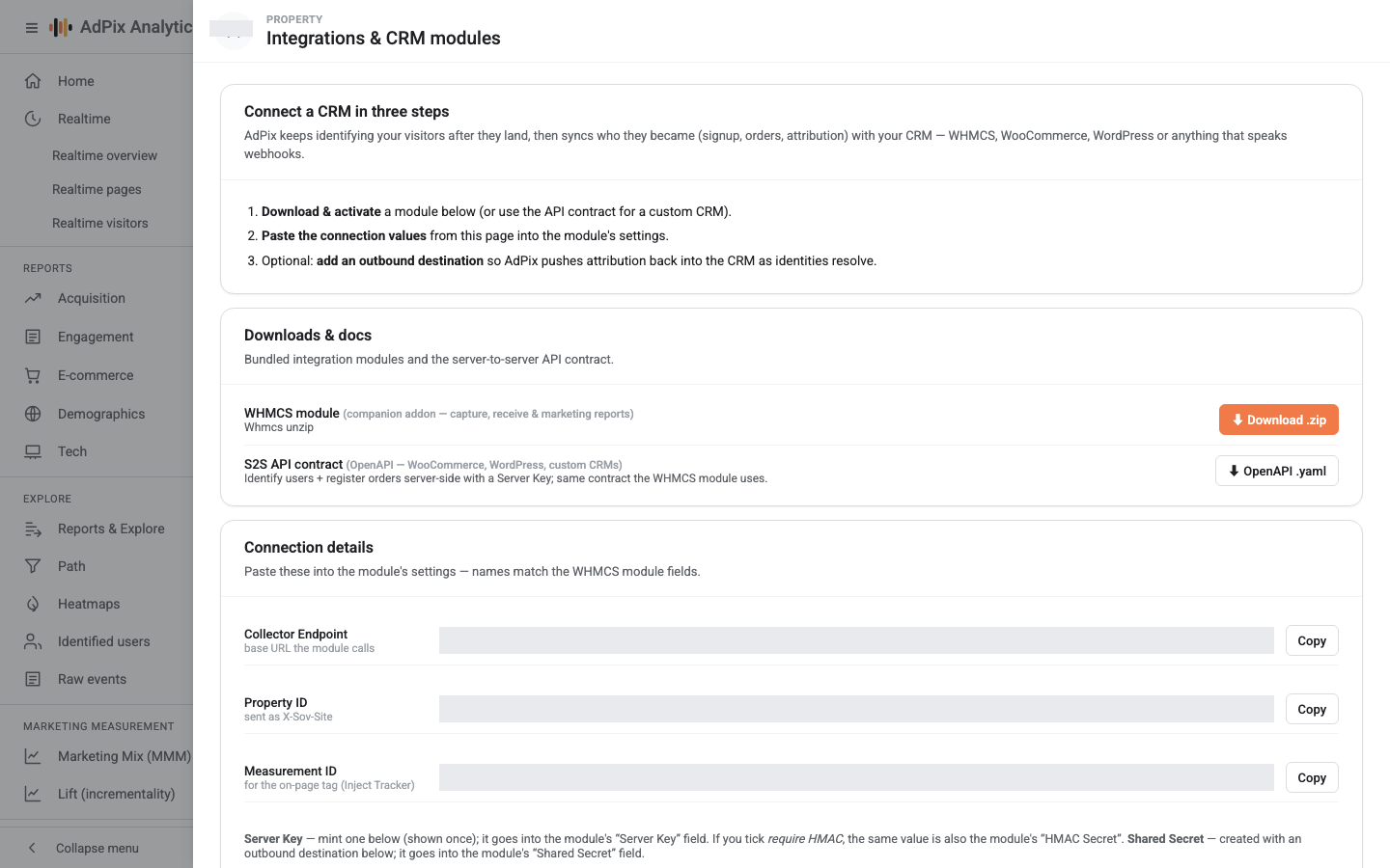 Integrations & CRM modules: WHMCS, WooCommerce and the generic webhook.