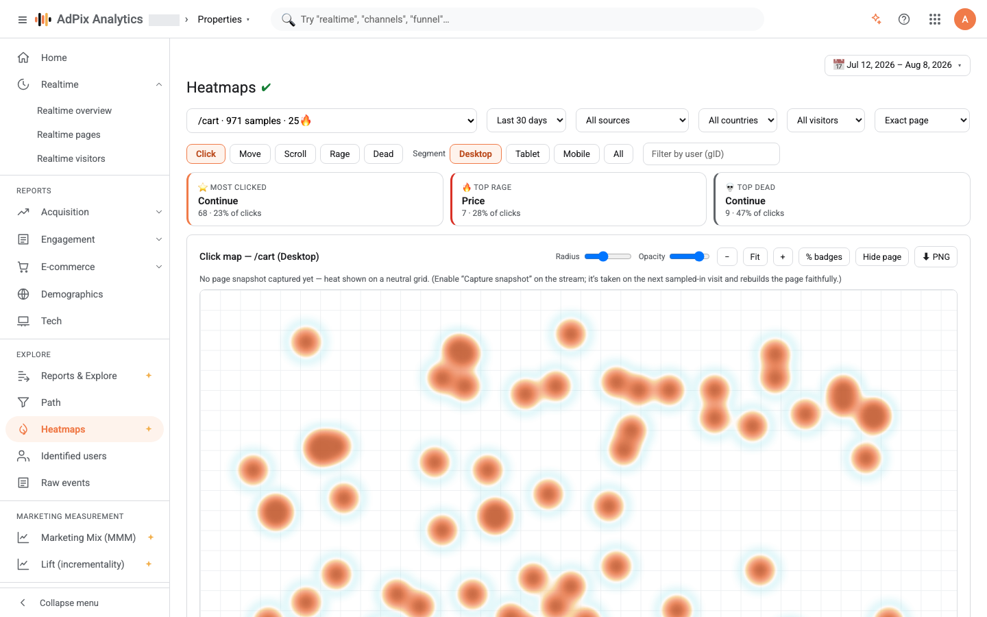 The click heatmap drawn over the rebuilt DOM of the page.
