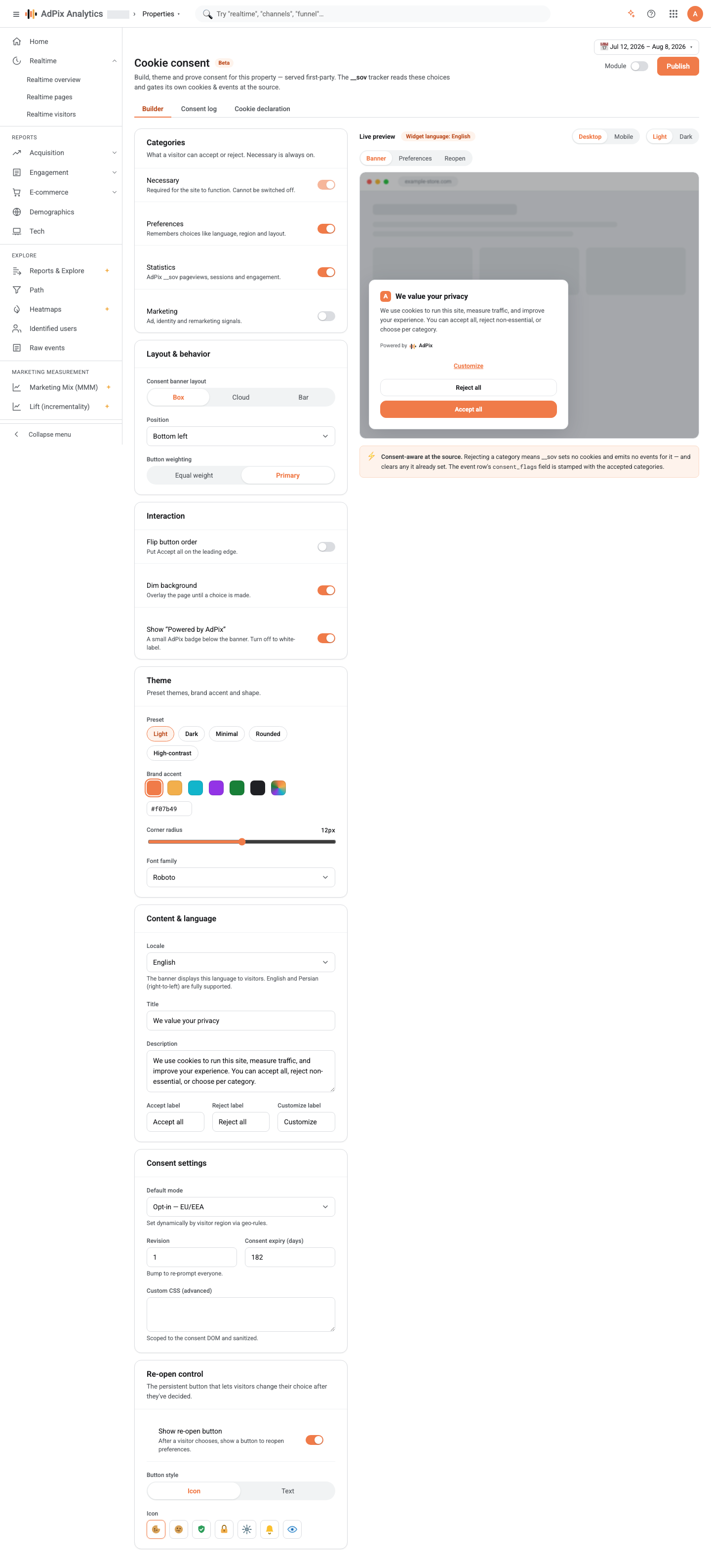 The consent categories: necessary, statistics and marketing.